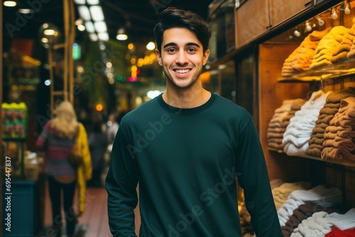 Modern Green Aura: Green Long Sleeve T-Shirt Mockup Captured in High Quality, Vlogger Adds a Touch of Fashionable Charm Outside an Expensive Clothing Boutique