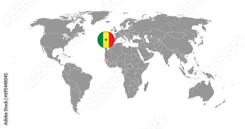 Pin map with Senegal flag on world map. Vector illustration.