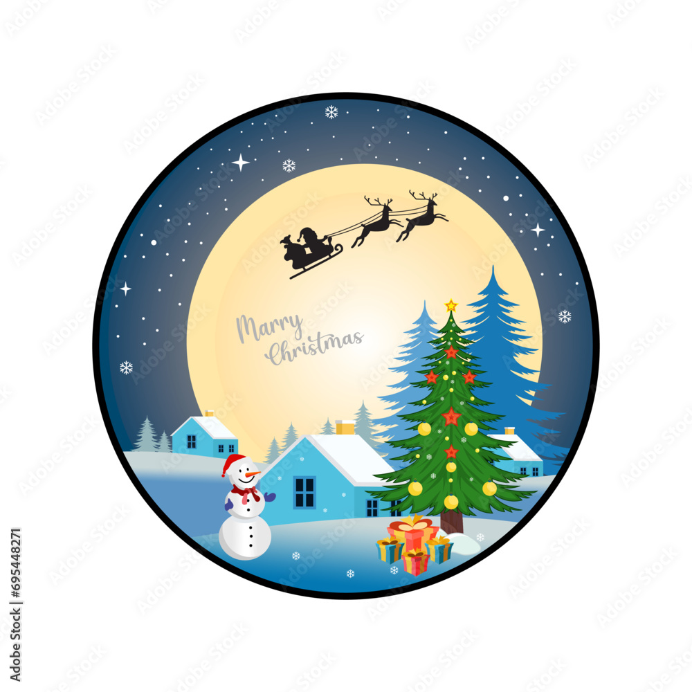 Naklejka premium Vector illustration of winter logo, with snowman, Christmas tree, snow covered house, inside the circle, Suitable for screen printing t-shirts, logos and other uses