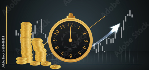 clock with graph up money investment increase graph  on a dark background vector illustration