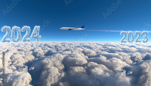 Commercial plane flying with 2023 and 2024 writing on clouds, 3D illustration.