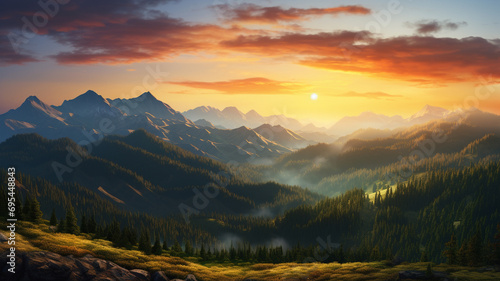 A breathtaking view of mountains during sunset in the summer, with the sun casting its final rays on the landscape, creating a vivid and realistic natural scene captured by an HD camera.