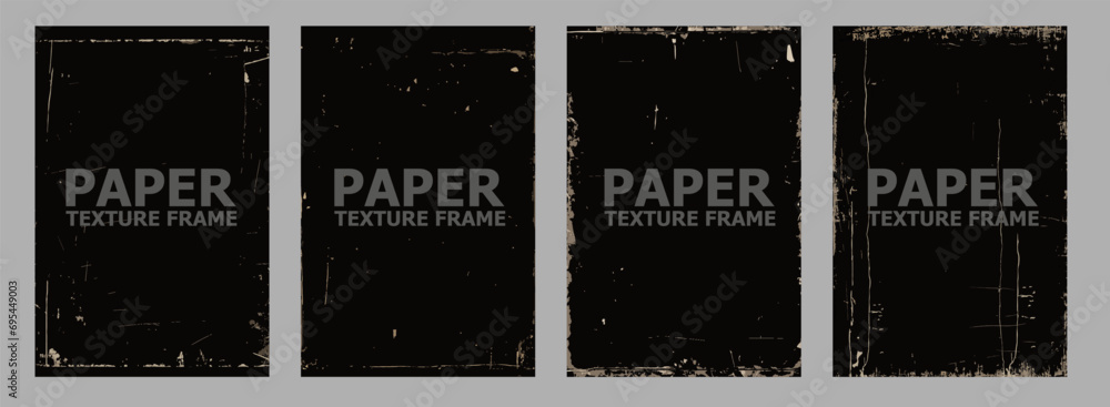 Realistic overlay of paper texture with uneven edges and scratches for the design of retro vinyl album cover. Dirt and dust photo texture graphic filter set. Overlay stamps collection, vintage effect. - obrazy, fototapety, plakaty 