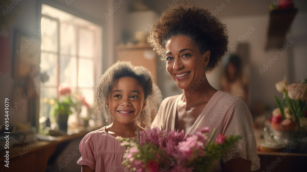 Beautiful African American mother and Happy daughter celebrating Women's Day at home with bouquet of pink flowers. tender moment captures essence of their love and connection in cozy domestic setting