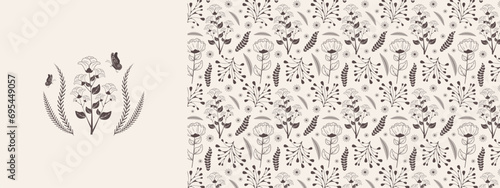 A collection of plants and flowers. Beautiful seamless pattern for bed linen, fabric, wallpaper, wrapping paper and more. Vector design.