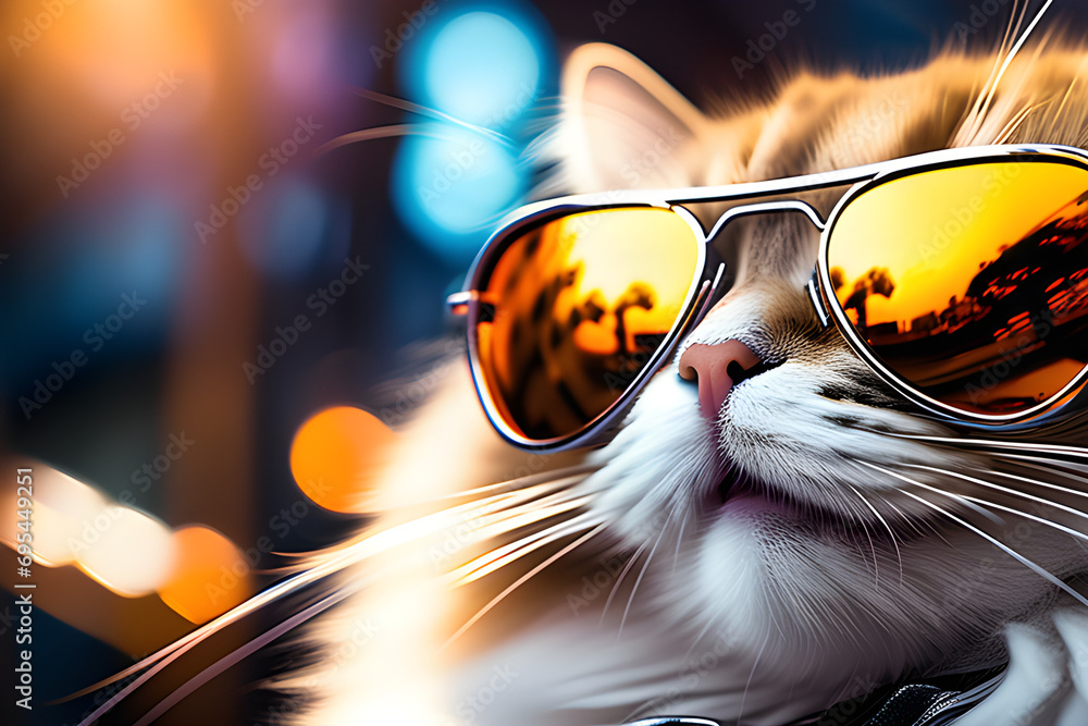 Smiling cat wearing sunglasses. 
Generative AI