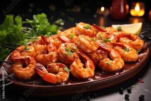  a plate of grilled shrimp with a garnish of cilantro and parsley next to a glass of water and a lemon slice of parsley.