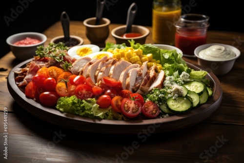  a wooden table topped with a plate filled with meat and veggies next to a bowl of sauces and a cup of ketchup on the side.