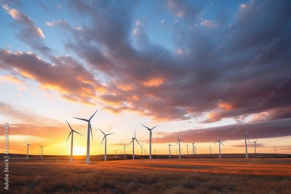 Obraz premium Windmills for energy production against the backdrop of beautiful sunset sky. Electric windmill farm produces green energy, white turbines. Power generation concept 