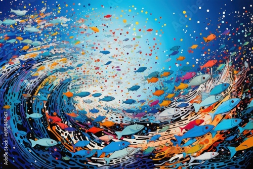 a painting of many different colored fish swimming in a blue, green, yellow, and white ocean with bubbles and bubbles coming out of the bottom of the water.