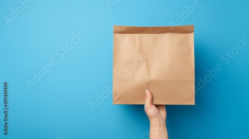 
hands holding blank craft paper bag for takeaway on blue background – packaging template mock-up for delivery service, copy space photo