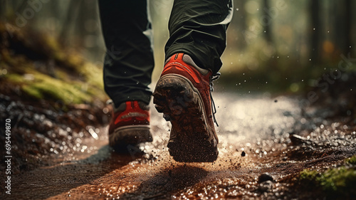 A captivating HD image showcasing a person speed-hiking in the woods, emphasizing the close-up details of specialized speed-hiking shoes for a realistic outdoor experience.