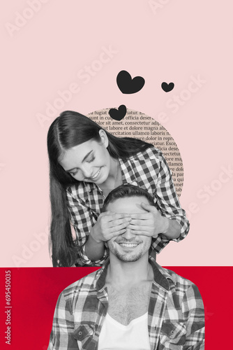 Vertical contemporary photo collage of young woman closed eyes of boyfriend by hands surprising holiday greeting on creative background