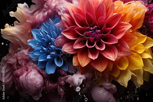  a close up of a bunch of flowers with drops of water on the petals and the petals are red  orange  yellow  blue  and purple and white.