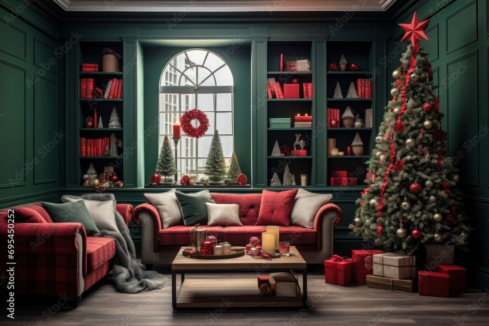 Interior of cozy living room decorated in Christmas style in red and green colors