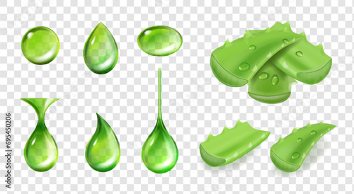 Essence from aloe vera plant drips from stem. Aloe Vera collagen Serum Skin Care Cosmetic. Realistic 3d vector illustration isolated on transparent background photo