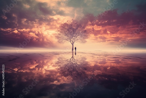 Silhouette of person and tree in reflective waterscape. 