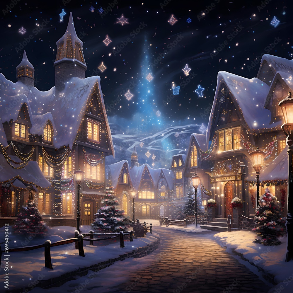 Snowy winter night in the village. Christmas and New Year background