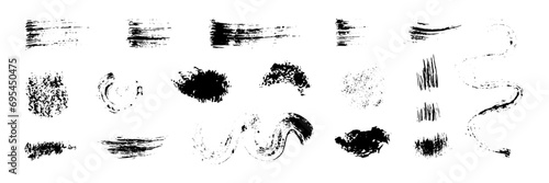 Black brush strokes set. Dry paintbrush scratches, grunge dirty charcoal texture elements. Vector illustration isolated on transparent background