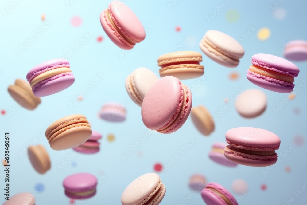 a group of macaroons flying in the air with confetti on the ground in the foreground and confetti on the ground in the background. a group of macaroons flying in the air with confetti on the ground in the foreground and confetti on the ground in the background.