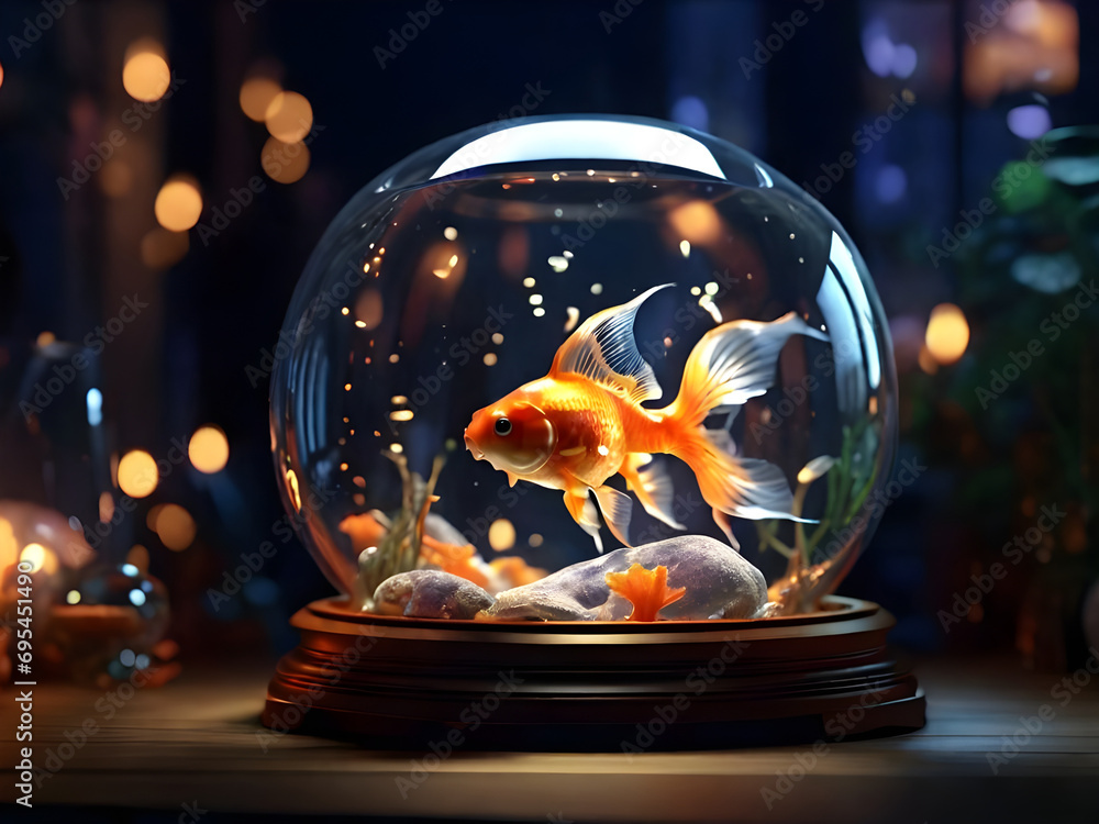 Goldfish under a glass dome, trapped magical creature with warm glow, creative still life. - obrazy, fototapety, plakaty 