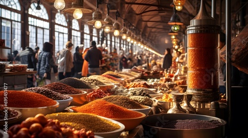 Spices and herbs on the market in Istanbul, Turkey. Panorama photo