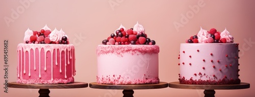 cake and dessert with fresh berries and cream in the style of light pink and crimson, bokeh panorama