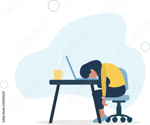 Burnout concept illustration with exhausted female office worker sitting at the table.flat vector illustration.