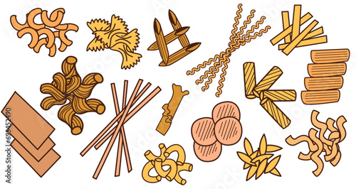 Italian pasta flat vector set: spaghetti, linguine, lasagne , farfalle, fettuccine, macaroni, ravioli, conchiglie, risoni, penne