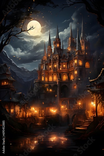 Castle in the forest at night with full moon, 3D illustration