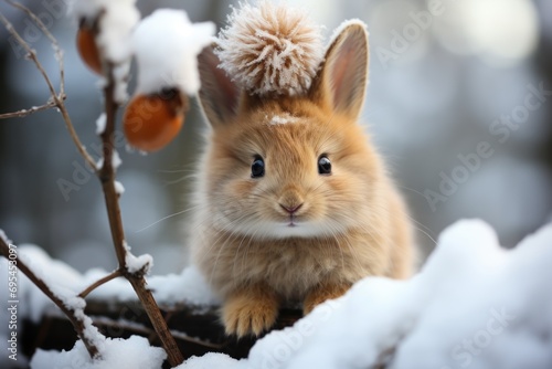  a small rabbit sitting on top of a tree branch in the snow with a fuzzy hat on top of it's head and a snowball on its head.