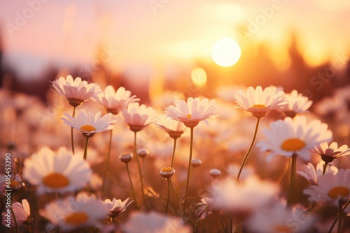  a field full of white daisies with the sun setting in the distance in the distance in the distance is a field of white daisies with yellow and white daisies in the foreground.