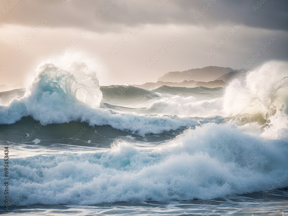 Beautiful seascape with stormy ocean waves and dramatic sky