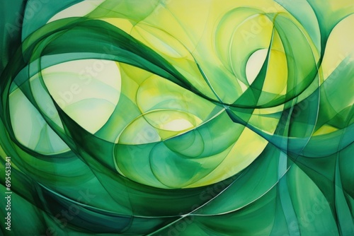  a painting of green and yellow swirls on a green background with a white circle in the middle of the image and a yellow circle in the middle of the image.