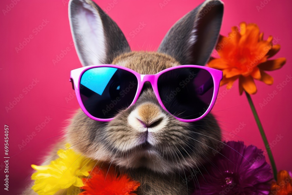 Rabbit with sunglasses as cool easter bunny concept illustration close up on pink background. Pink retro 80s style sunglasses. Easter greeting card concept. Travel