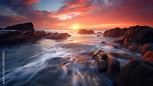 A captivating HD photograph portraying the ethereal moments of dawn  with sea waves rhythmically rolling onto a deserted rocky beach  offering a serene and tranquil coastal view.