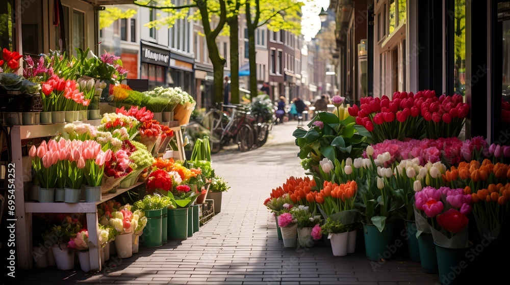 Colorful tulips in a flower market in Amsterdam