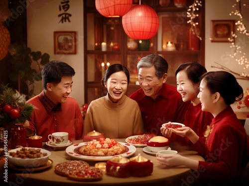 Happy asian chinese family having dinner together at home  closeup portrait