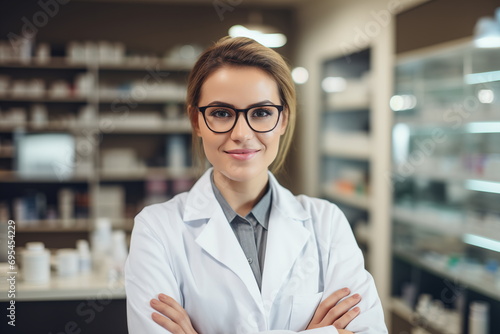 Beautiful young female pharmacist in white coat smiling at camera while standing in pharmacy