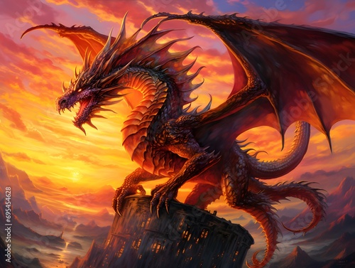 dragon on the rock at sunset - 3D rendered Illustration.