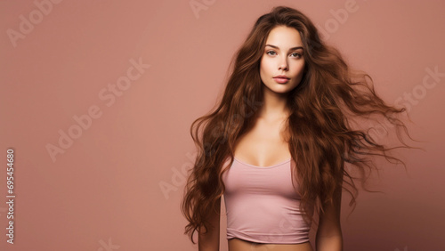 Studio photo of a beautiful girl with very long hair, pastel pink studio background