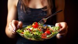healthy lifestyle: closeup of woman enjoying fresh salad with fork