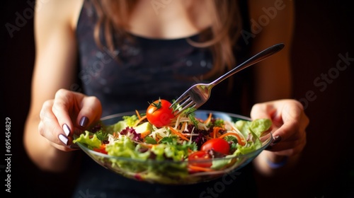 healthy lifestyle  closeup of woman enjoying fresh salad with fork
