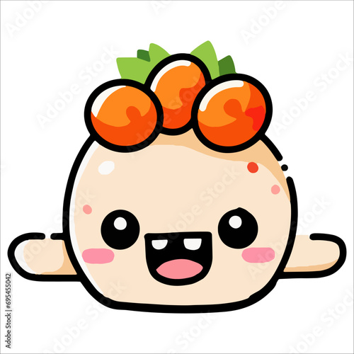  cute sushi and rolls in kawaii style with smiling faces. Japanese traditional cuisine dishes
