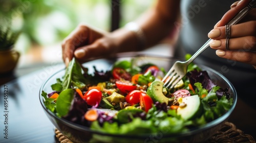 healthy lifestyle: closeup of woman enjoying fresh salad with fork