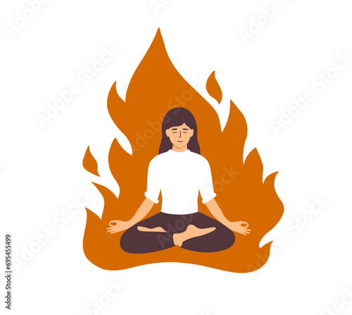 Woman meditating in burning flame. Self care in emergency, time pressure, deadline stress. Girl relaxing sitting inside fire in yoga pose. Female life balance. Mental wellbeing art vector illustration