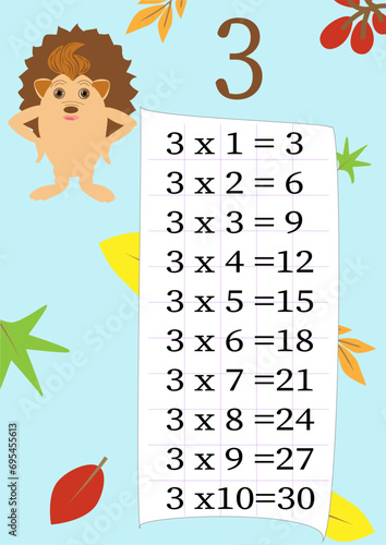 Multiplication table with a task to consolidate knowledge of multiplication. Colorful cartoon multiplication table vector for teaching math. Cartoon dinosaurs. EPS10