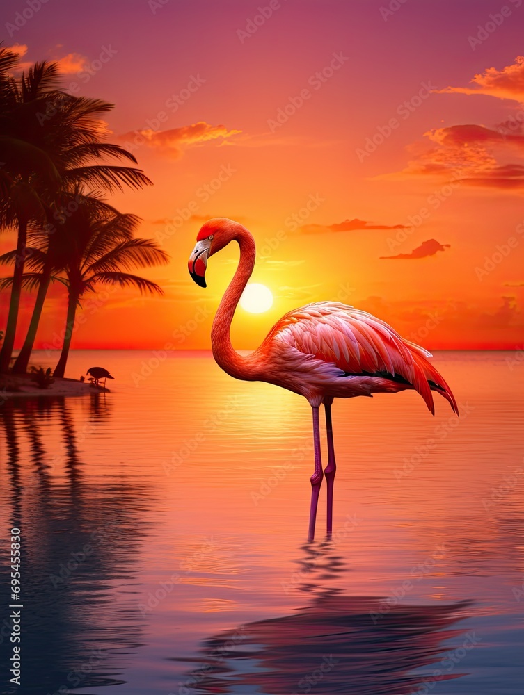 Fototapeta premium Beautiful pink flamingo in lake with reflection on beautiful sunset background. Generative AI