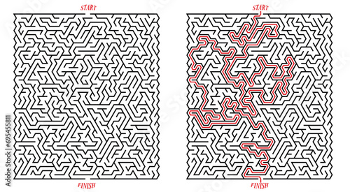 Cool vertical rectangular labyrinth with triangular cell. Huge labyrinth of high complexity with solution - red passing route.