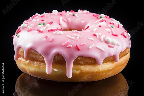  a donut with pink icing and sprinkles on a black surface with a reflection of the donut on the surface and a shiny surface with a black background.